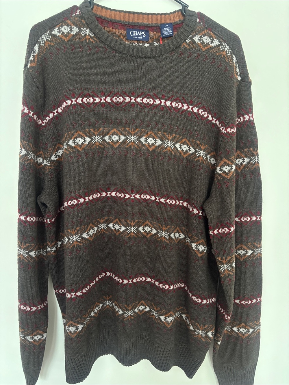 Chaps Brown Crewneck Sweater with Red and White Fair Isle Accents